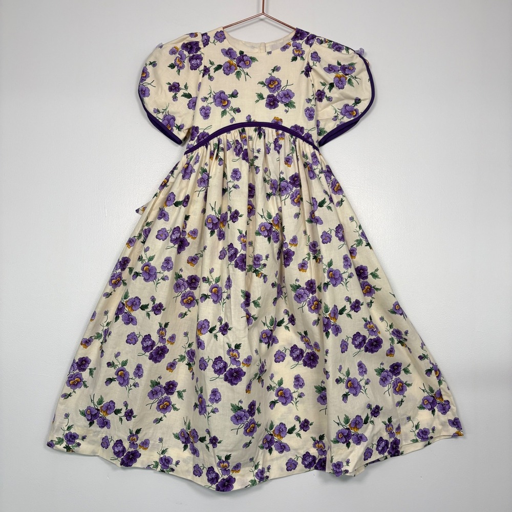 Handmade Girls Vintage Floral Dress Size 8 Purple Pansy Puff Sleeve Cottagecore